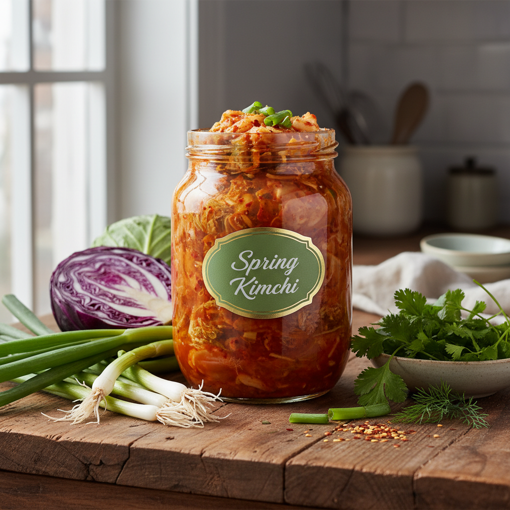 Glass jar of spring kimchi with spring onions, cabbage and fresh herbs on a wooden surface